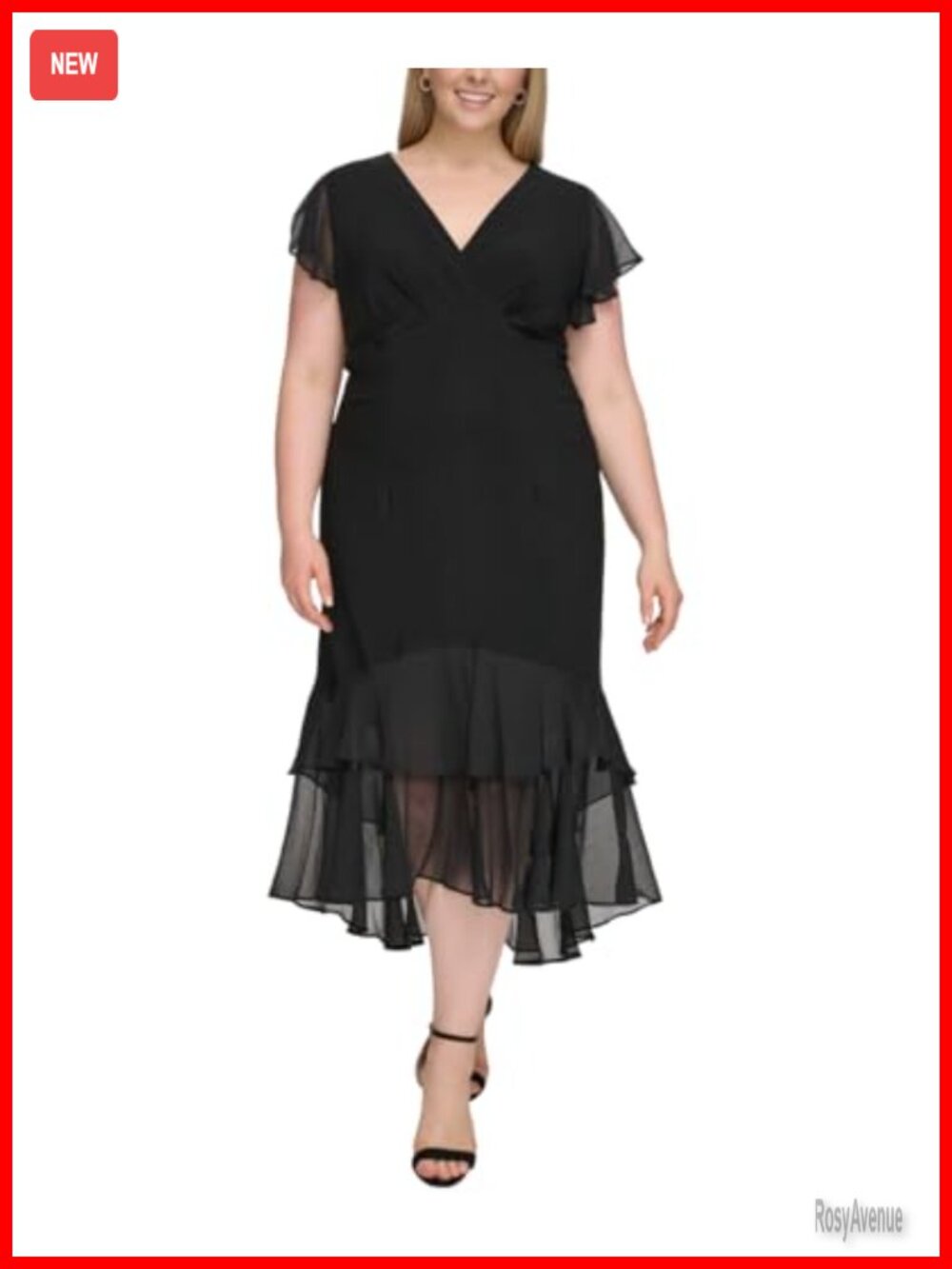 Flutter Sleeve V-Neck Ruffle Trim Hi-Lo Midi Dress